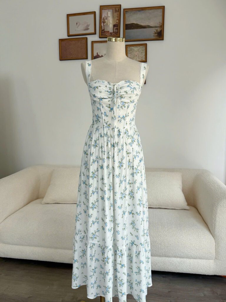 Olivia Dress - White Mini Blue Floral