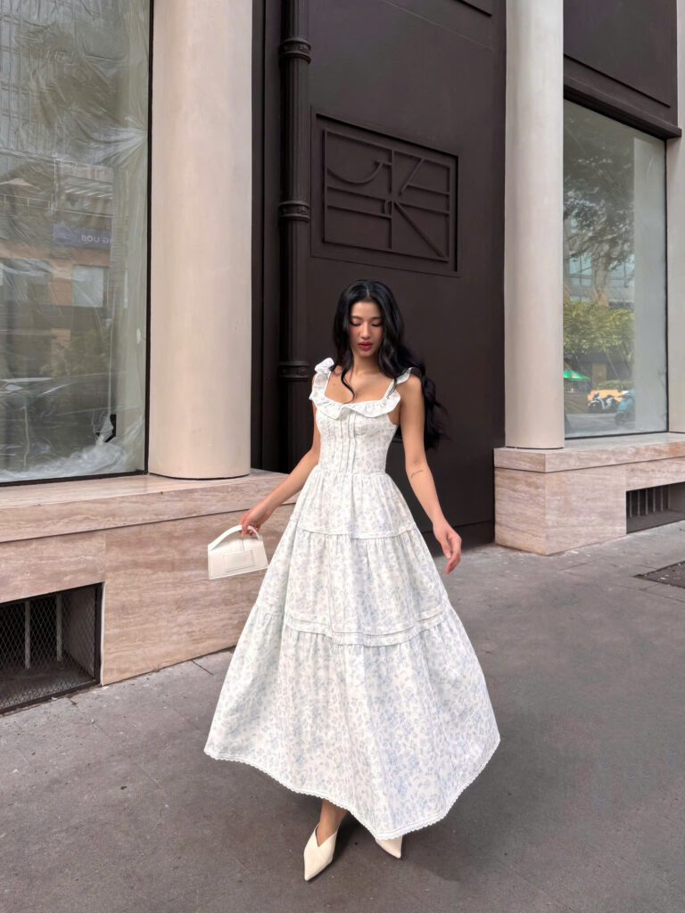 Bianca Dress - White Blue Floral